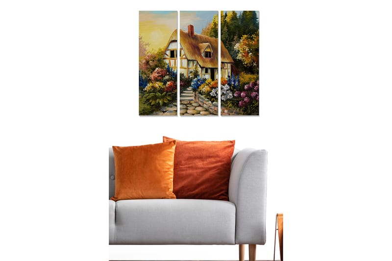 Canvastavla i trä 3-delar 50x70 cm - Charmigt hus omgiven av blomstrande trädgård - Grön / Gul / Lila - Inredning - Tavlor & posters - Canvastavla