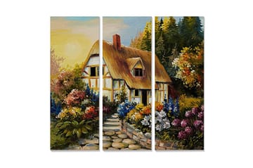 Canvastavla i trä 3-delar 50x70 cm - Charmigt hus omgiven av blomstrande trädgård - Grön / Gul / Lila - Inredning - Tavlor & posters - Canvastavla