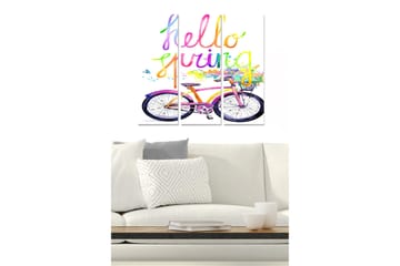 Canvastavla i trä 3-delar 50x70 cm - Cykel med färgglad text som hälsar våren - Rosa / Lila / Gul - Inredning - Tavlor & posters - Canvastavla