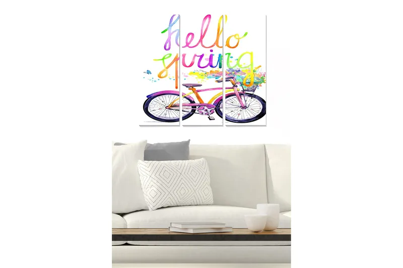 Canvastavla i trä 3-delar 50x70 cm - Cykel med färgglad text som hälsar våren, Rosa / Lila / Gul