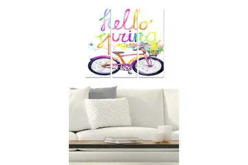 Canvastavla i trä 3-delar 50x70 cm - Cykel med färgglad text som hälsar våren - Rosa / Lila / Gul - Inredning - Tavlor & posters - Canvastavla