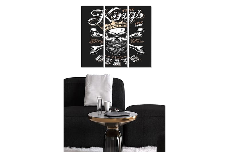 Canvastavla i trä 3-delar 50x70 cm - Dödskalle med korsade benknotor och texten Kings till Death, Svart / Vit / Guld