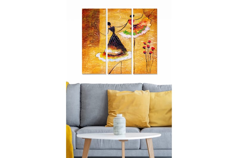 Canvastavla i trä 3-delar 50x70 cm - Dansande kvinnor i färgglada klänningar, Gult / Svart / Rött