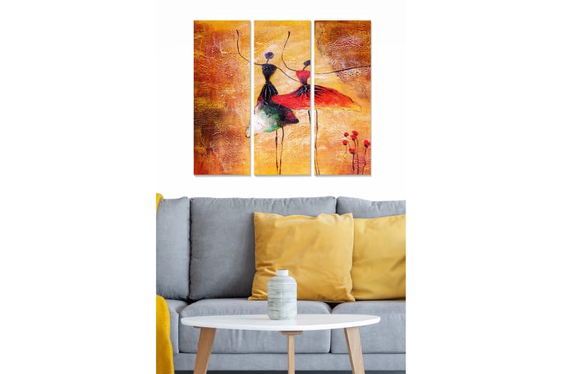 Canvastavla i trä 3-delar 50x70 cm - Dansande kvinnor i färgglada klänningar, Orange / Röd / Svart