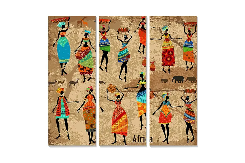 Canvastavla i trä 3-delar 50x70 cm - Dansande kvinnor med färgglada kläder och traditionella mönster, Blå / Röd / Grön