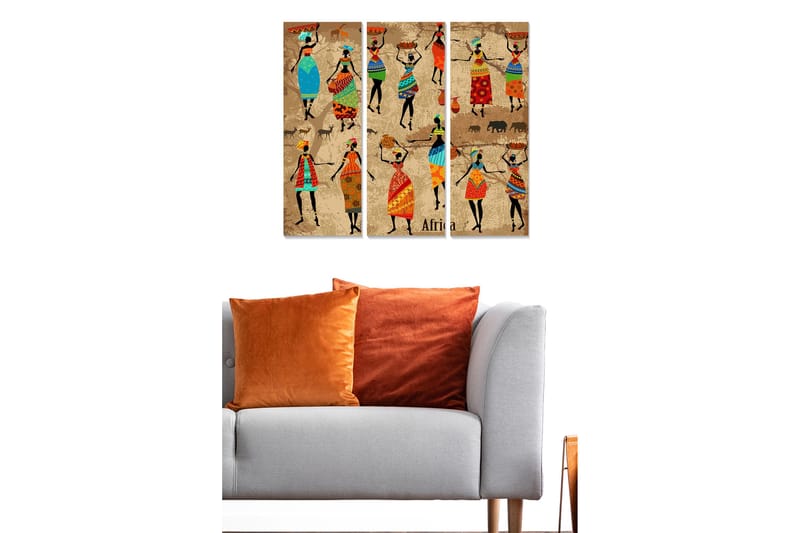 Canvastavla i trä 3-delar 50x70 cm - Dansande kvinnor med färgglada kläder och traditionella mönster - Blå / Röd / Grön - Inredning - Tavlor & posters - Canvastavla
