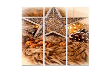 Canvastavla i trä 3-delar 50x70 cm - Dekorativ stjärna med julkänsla omgiven av nötter och granris - Beige / Brunt / Guld - Inredning - Tavlor & posters - Canvastavla