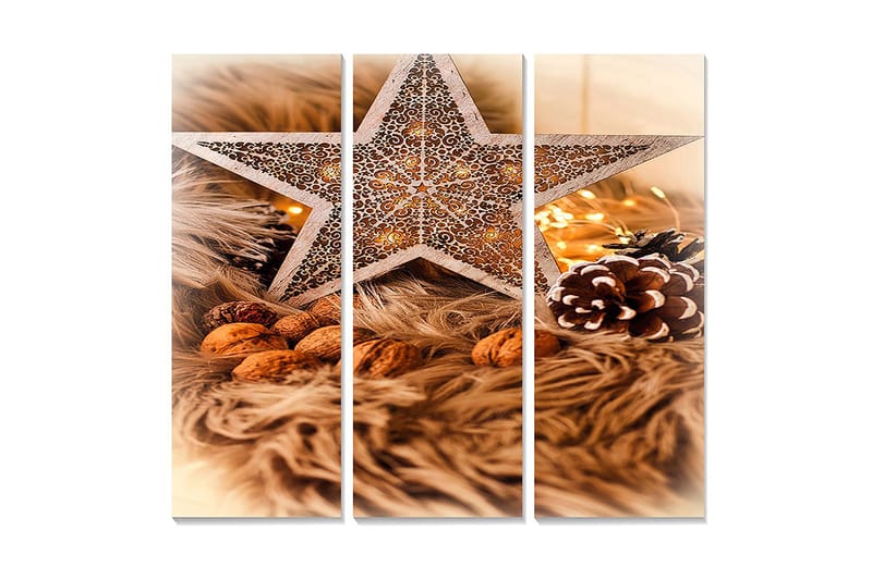 Canvastavla i trä 3-delar 50x70 cm - Dekorativ stjärna med julkänsla omgiven av nötter och granris, Beige / Brunt / Guld