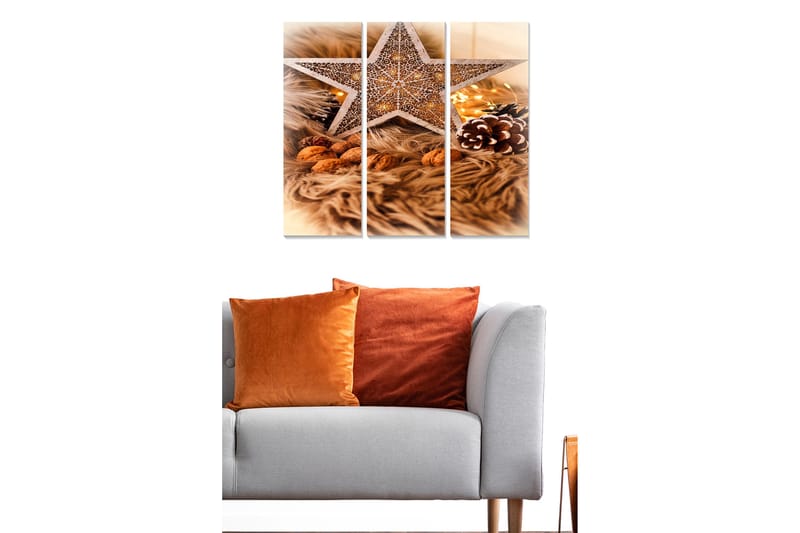 Canvastavla i trä 3-delar 50x70 cm - Dekorativ stjärna med julkänsla omgiven av nötter och granris - Beige / Brunt / Guld - Inredning - Tavlor & posters - Canvastavla