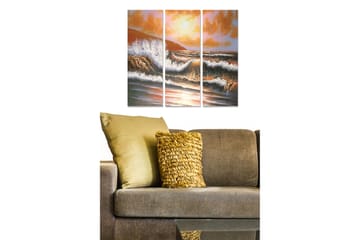 Canvastavla i trä 3-delar 50x70 cm - Dramatiska havsvågor under en solnedgång - Orange / Blå / Vit - Inredning - Tavlor & posters - Canvastavla