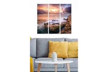 Canvastavla i trä 3-delar 50x70 cm - Dramatiskt havslandskap med klippor och solnedgång - Mörkblå / Orange / Grå - Inredning - Tavlor & posters - Canvastavla