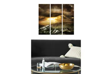 Canvastavla i trä 3-delar 50x70 cm - Dramatiskt landskap med solstrålar som bryter genom moln - Mörkbrun / Ljusbrun / Grön - Inredning - Tavlor & posters - Canvastavla