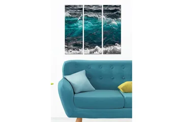 Canvastavla i trä 3-delar 50x70 cm - Dynamiska vågor i turkost och svart - Turkos / Svart - Inredning - Tavlor & posters - Canvastavla