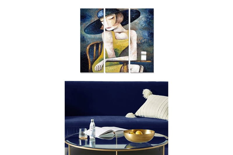 Canvastavla i trä 3-delar 50x70 cm - Eftertänksam kvinna med hatt i en gul klänning, Mörkblå / Gul / Vit
