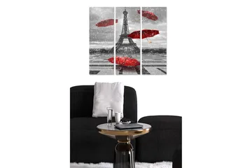 Canvastavla i trä 3-delar 50x70 cm - Eiffeltornet omgiven av röda paraplyer i en gråskala miljö - Röd / Grå - Inredning - Tavlor & posters - Canvastavla