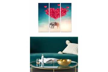 Canvastavla i trä 3-delar 50x70 cm - Elefant som svävar med hjärtformade ballonger - Röd / Blå / Beige - Inredning - Tavlor & posters - Canvastavla