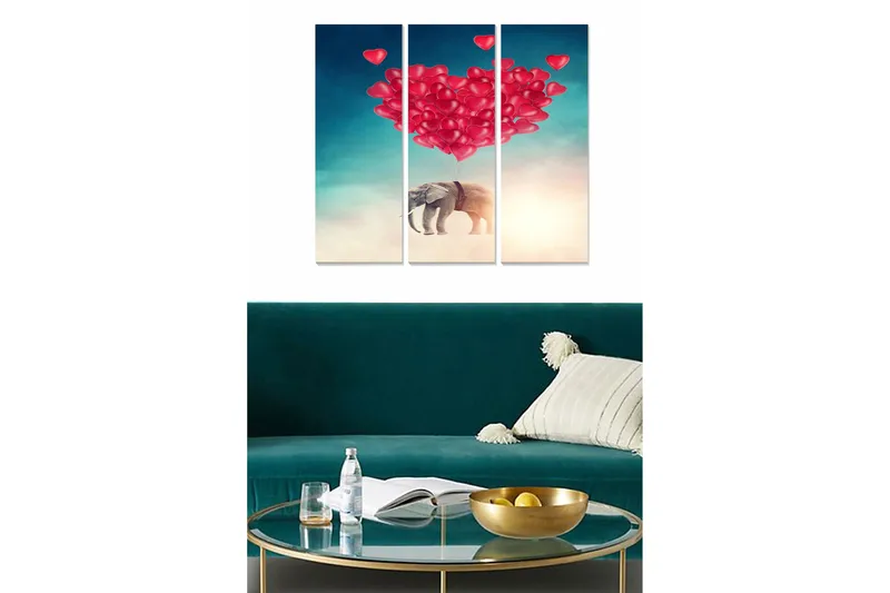 Canvastavla i trä 3-delar 50x70 cm - Elefant som svävar med hjärtformade ballonger, Röd / Blå / Beige