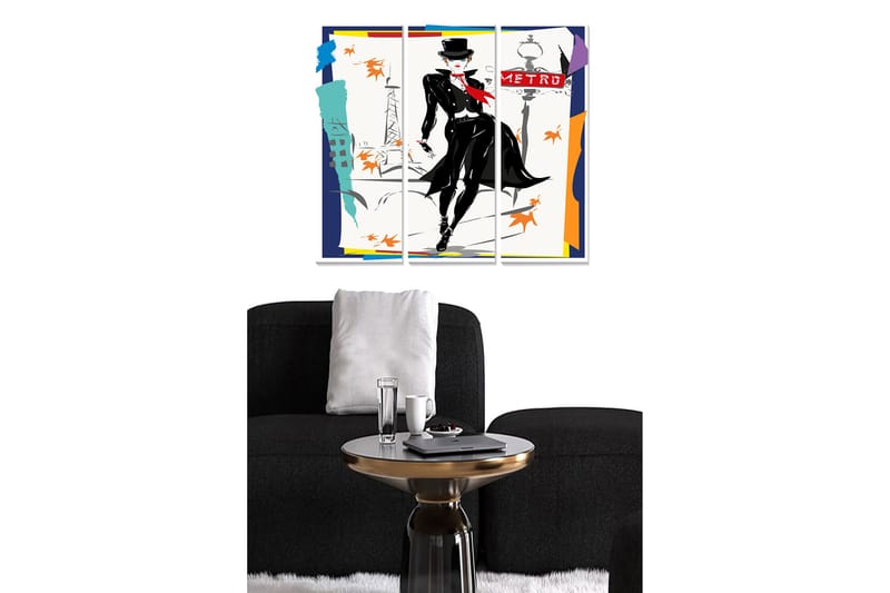 Canvastavla i trä 3-delar 50x70 cm - Elegant figur i svart kostym med hatt och röd scarf i en urban miljö, Svart / Röd / Orange