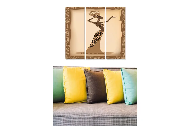 Canvastavla i trä 3-delar 50x70 cm - Elegant kvinna i traditionell klädsel med djurmönster - Brun / Beige / Svart - Inredning - Tavlor & posters - Canvastavla