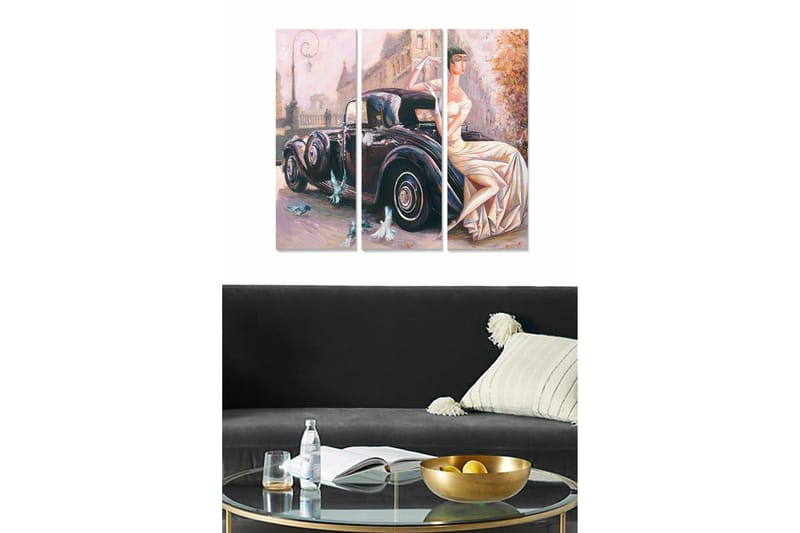 Canvastavla i trä 3-delar 50x70 cm - Elegant kvinna i vit klänning vid en klassisk bil, Svart / Vit / Beige