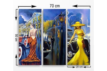 Canvastavla i trä 3-delar 50x70 cm - Eleganta kvinnor i färgglada klänningar framför klassiska bilar - Gult / Orange / Blått - Inredning - Tavlor & posters - Canvastavla