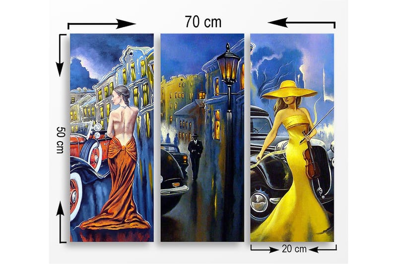 Canvastavla i trä 3-delar 50x70 cm - Eleganta kvinnor i färgglada klänningar framför klassiska bilar - Gult / Orange / Blått - Inredning - Tavlor & posters - Canvastavla
