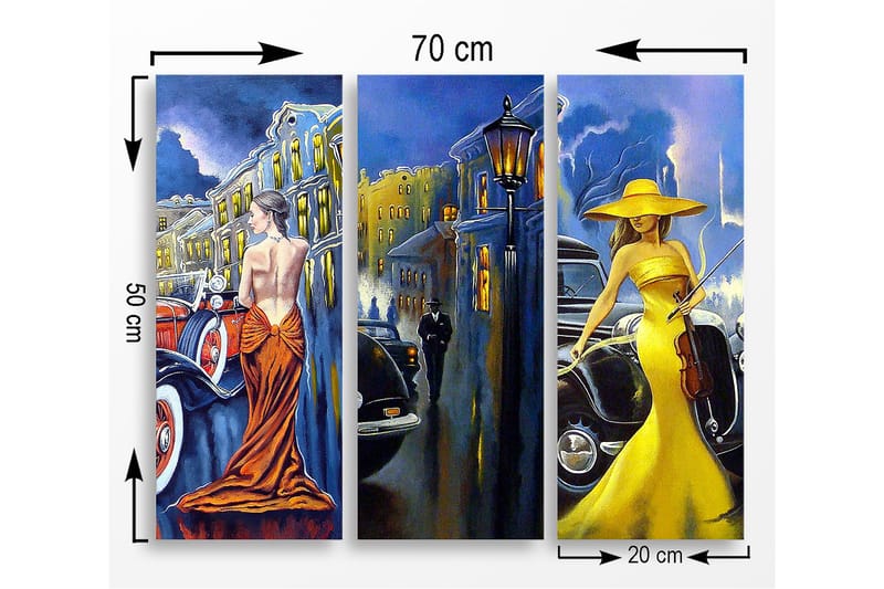 Canvastavla i trä 3-delar 50x70 cm - Eleganta kvinnor i färgglada klänningar framför klassiska bilar - Gult / Orange / Blått - Inredning - Tavlor & posters - Canvastavla