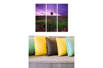 Canvastavla i trä 3-delar 50x70 cm - Ensam rosa träd i en blomstrande äng under en lila himmel - Lila / Rosa / Grön - Inredning - Tavlor & posters - Canvastavla