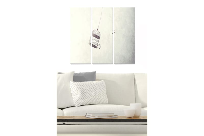 Canvastavla i trä 3-delar 50x70 cm - Fängslad fågelbur hängande i luften, Grå / Vit / Svart