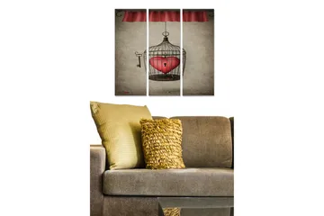 Canvastavla i trä 3-delar 50x70 cm - Fängslande fågelbur med ett hjärta inuti - Röd / Svart / Beige - Inredning - Tavlor & posters - Canvastavla