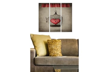 Canvastavla i trä 3-delar 50x70 cm - Fängslande fågelbur med ett hjärta inuti - Röd / Svart / Beige - Inredning - Tavlor & posters - Canvastavla