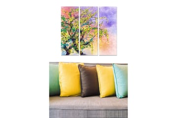 Canvastavla i trä 3-delar 50x70 cm - Färgglad abstrakt trädkonst med blommor och grönska - Grön / Lila / Gul - Inredning - Tavlor & posters - Canvastavla