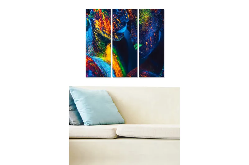 Canvastavla i trä 3-delar 50x70 cm - Färgglad abstraktion av ansikten med glittrande detaljer - Blå / Grön / Orange - Inredning - Tavlor & posters - Canvastavla