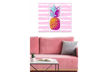 Canvastavla i trä 3-delar 50x70 cm - Färgglad ananas med grafiska linjer i bakgrunden - Rosa / Gul / Lila - Inredning - Tavlor & posters - Canvastavla