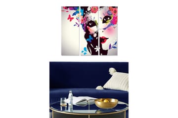 Canvastavla i trä 3-delar 50x70 cm - Färgglad ansiktskomposition med blommor och fjärilar - Svart / Rosa / Grön - Inredning - Tavlor & posters - Canvastavla