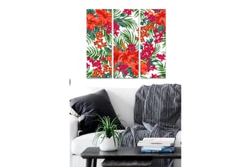 Canvastavla i trä 3-delar 50x70 cm - Färgglad blomsterkomposition med hibiskus och tropiska växter - Röd / Grön / Rosa - Inredning - Tavlor & posters - Canvastavla