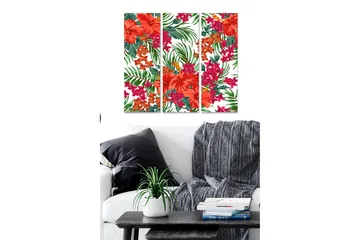Canvastavla i trä 3-delar 50x70 cm - Färgglad blomsterkomposition med hibiskus och tropiska växter - Röd / Grön / Rosa - Inredning - Tavlor & posters - Canvastavla