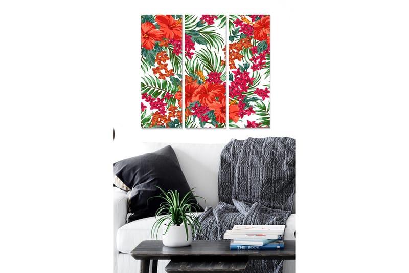 Canvastavla i trä 3-delar 50x70 cm - Färgglad blomsterkomposition med hibiskus och tropiska växter, Röd / Grön / Rosa