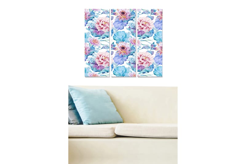 Canvastavla i trä 3-delar 50x70 cm - Färgglad bukett av blommor i akvarellstil - Rosa / Blå / Grön - Inredning - Tavlor & posters - Canvastavla