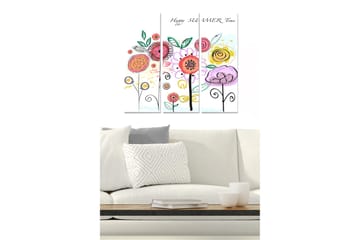 Canvastavla i trä 3-delar 50x70 cm - Färgglad bukett av blommor med lekfulla detaljer - Rosa / Gul / Grön - Inredning - Tavlor & posters - Canvastavla