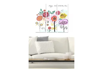 Canvastavla i trä 3-delar 50x70 cm - Färgglad bukett av blommor med lekfulla detaljer - Rosa / Gul / Grön - Inredning - Tavlor & posters - Canvastavla