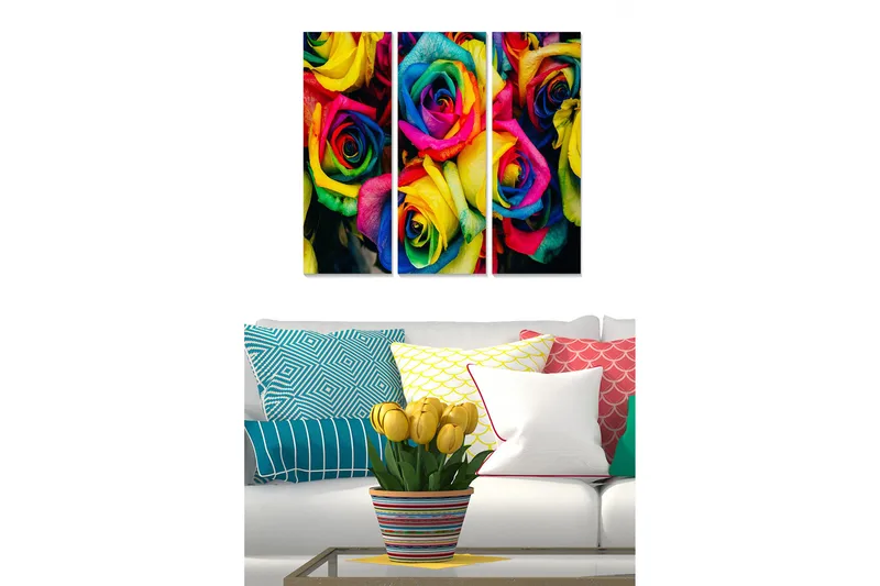 Canvastavla i trä 3-delar 50x70 cm - Färgglad bukett av rosor, Gul / Rosa / Blå