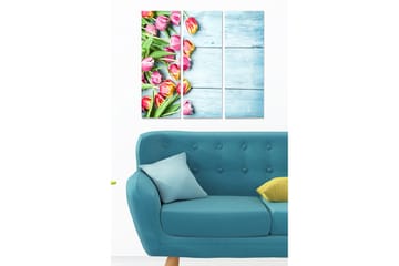 Canvastavla i trä 3-delar 50x70 cm - Färgglad bukett av tulpaner - Rosa / Grön / Gul - Inredning - Tavlor & posters - Canvastavla