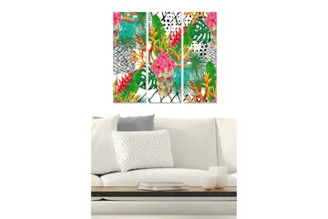 Canvastavla i trä 3-delar 50x70 cm - Färgglad dödskalle omgiven av tropiska växter och blommor - Grön / Rosa / Gul - Inredning - Tavlor & posters - Canvastavla