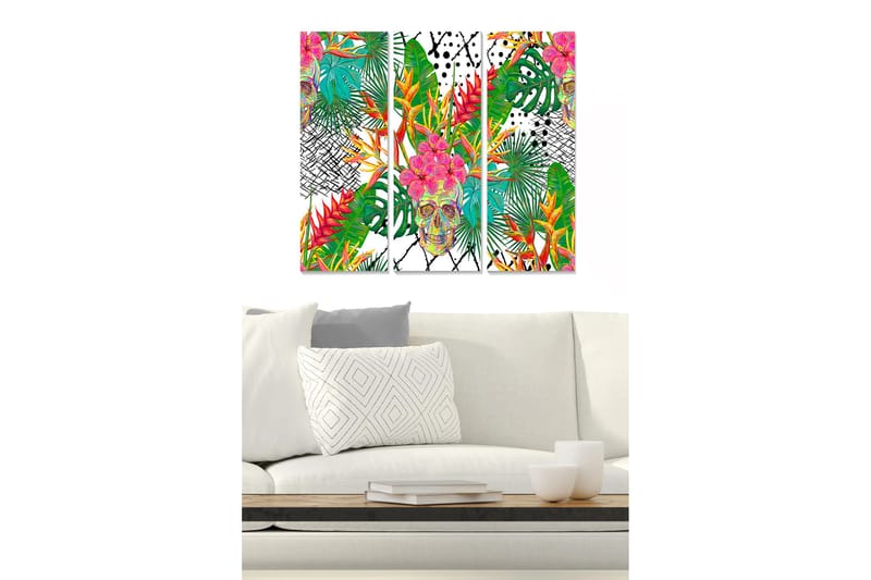 Canvastavla i trä 3-delar 50x70 cm - Färgglad dödskalle omgiven av tropiska växter och blommor, Grön / Rosa / Gul