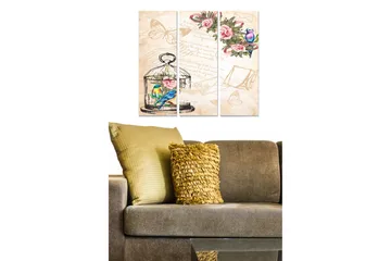 Canvastavla i trä 3-delar 50x70 cm - Färgglad fågel i bur omgiven av blommor och fjärilar - Grön / Rosa / Blå - Inredning - Tavlor & posters - Canvastavla