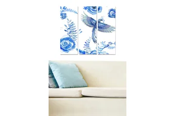Canvastavla i trä 3-delar 50x70 cm - Färgglad fågel omgiven av blå rosor och växtdetaljer - Blå / Ljusblå - Inredning - Tavlor & posters - Canvastavla