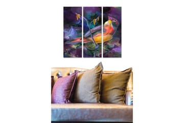 Canvastavla i trä 3-delar 50x70 cm - Färgglad fågel på en gren med abstrakt bakgrund - Lila / Orange / Grön - Inredning - Tavlor & posters - Canvastavla