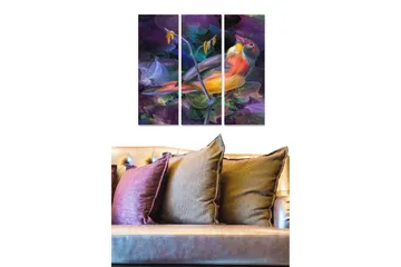 Canvastavla i trä 3-delar 50x70 cm - Färgglad fågel på en gren med abstrakt bakgrund - Lila / Orange / Grön - Inredning - Tavlor & posters - Canvastavla