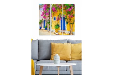 Canvastavla i trä 3-delar 50x70 cm - Färgglad fasad med bougainvillea och blå dörr - Rosa / Gul / Blå - Inredning - Tavlor & posters - Canvastavla